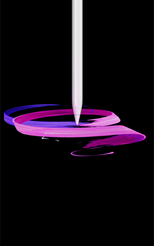 Fehér
      Apple Pencil Pro, elölnézetben, álló tájolásban, oldalprofilból, amint lila és rózsaszín szalagokból álló absztrakt látványtervet
      rajzol