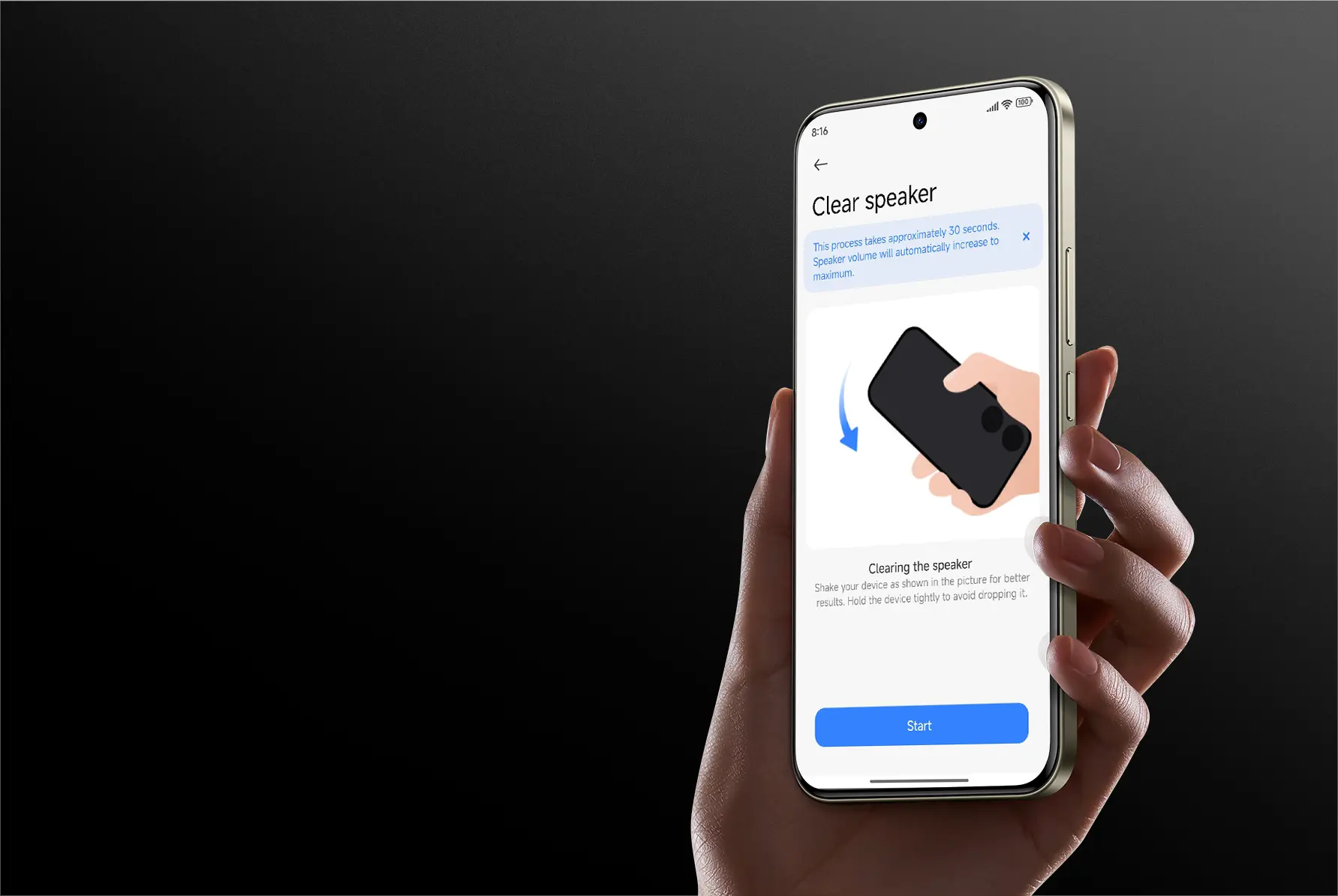 Kézben tartott telefonon a hagszóró tisztítás funkció látszik