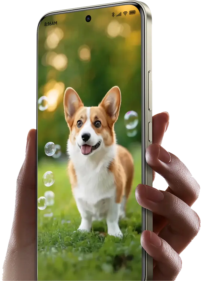 Kézben tartott telefon, kijelzőn az AI háttérképek ablak