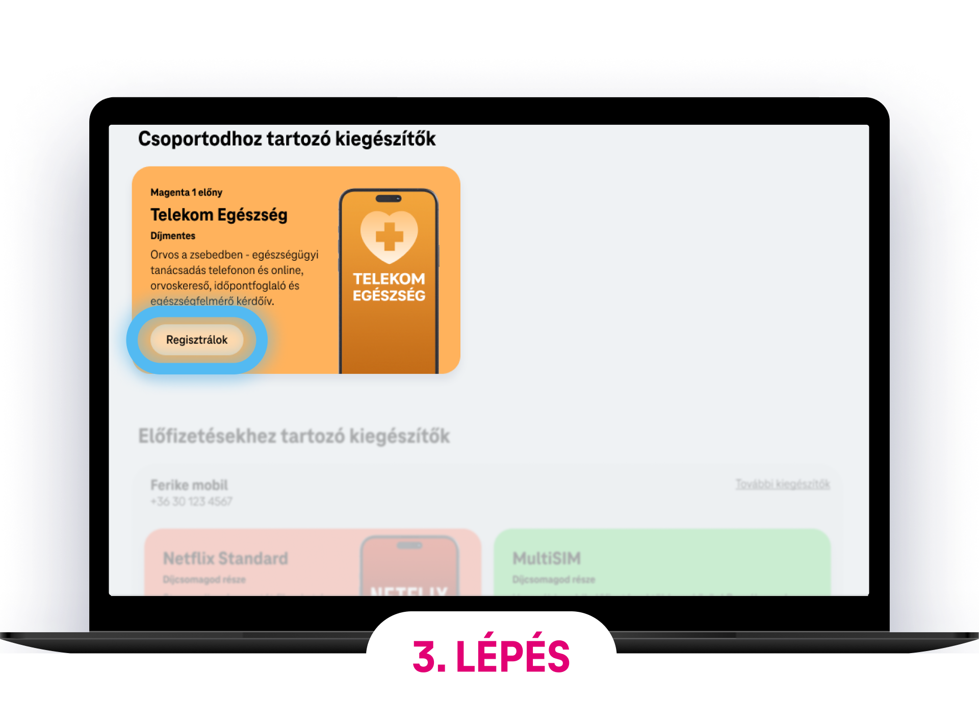 Telekom Egészség regisztrációs felület, ahol a felhasználó a Regisztrálok gombra kattinthat.