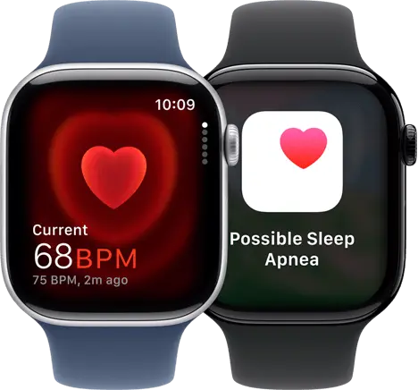 A Pulzusszám appban egy 68 BPM-es pulzusérték látható egy Apple Watch Series 10 kijelzőjén, egy másik Apple Watch Series
      10-en pedig az alvási apnoéval kapcsolatos értesítés jelenik meg